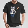 エレキギターを弾く面白いシベリアンハスキー犬ミュージシャン Tシャツ 面白い贈り物