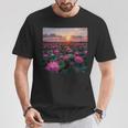 蓮の花畑 美しい夕日のグラフィック Tシャツ 面白い贈り物