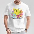 Grow Positive Thoughts イエロー スマイルフェイス 花 キッズ 女の子 Tシャツ 面白い贈り物