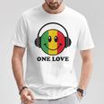 One Love ラスタ レゲエ 音楽 ヘッドホン スマイルフェイス ラスタファリ Tシャツ 面白い贈り物