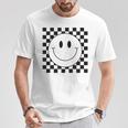 イエロー スマイル フェイスシャツ かわいい チェック柄 スマイル ハッピー Tシャツ 面白い贈り物