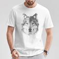 オオカミの顔 青い目 美的スマッジアートスタイル 野生動物 Tシャツ 面白い贈り物