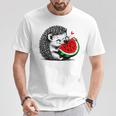 スイカの誕生日を食べるキュートで愛らしいハリネズミ Tシャツ 面白い贈り物