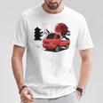 レトロな赤いミニトラックと日本の夕日。 長袖tシャツ Tシャツ 面白い贈り物