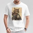 ヴィンテージ 日本の風景 侍 猫 漢字 Art Back Tシャツ 面白い贈り物
