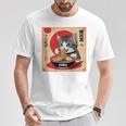 背中にラーメンを食べる緑色の目を持つ日本猫のデザイン。 Tシャツ 面白い贈り物