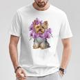 花を持つヨークシャー テリア 長袖tシャツ Tシャツ 面白い贈り物