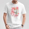 赤いクモのユリの花 日本の頭蓋骨 オタクのバックプリント Tシャツ 面白い贈り物