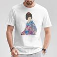青い着物を着た美しい芸者 日本画 鳥居 言人 帯 美人画 新版画 日本画 長袖tシャツ Tシャツ 面白い贈り物