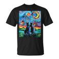 Aja 星月夜に2匹の黒猫 カラフルアート Tシャツ
