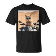 アラビア砂漠でサングラスをかけた猫、ドバイにマッチ。 Tシャツ