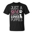 子犬 女の子 犬好き キュート ピンク 足跡プリント デザイン Tシャツ