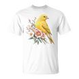 カナリアの鳥好き、ピンクの花のかわいい鳥、自然。 Tシャツ