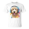 ゴールデンドゥードル、ヘッドフォン、犬、動物プリント Tシャツ