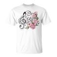 ピアノの鍵盤、音符、花 Tシャツ