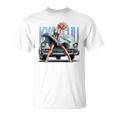 強風ピンナップガールとオールドアメ車のバックプリント Tシャツ