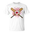日本のクリケットラケットとボールの旗 長袖tシャツ Tシャツ