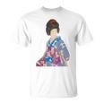 青い着物を着た美しい芸者 日本画 鳥居 言人 帯 美人画 新版画 日本画 長袖tシャツ Tシャツ