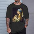 Girl With A Pearl Earring And A Cat 名画パロディ アート猫 Tシャツ 彼への贈り物
