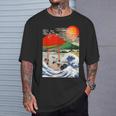 江戸日本 浮世白斎 赤富士山・津波 Tシャツ 彼への贈り物