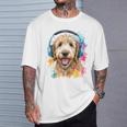 ゴールデンドゥードル、ヘッドフォン、犬、動物プリント Tシャツ 彼への贈り物