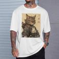 ヴィンテージ 日本の風景 侍 猫 漢字 Art Back Tシャツ 彼への贈り物