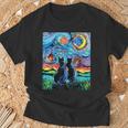 Aja 星月夜に2匹の黒猫 カラフルアート Tシャツ 高齢者への贈り物