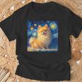 かわいいポメラニアン犬 星月夜 ヴィンセント・ヴァン・ゴッホ絵画 Tシャツ 高齢者への贈り物