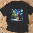 エアデール・テリア 星降る夜 クリスマス ゴッホ 犬の休日 Tシャツ 高齢者への贈り物