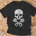 オートバイのホットロッドスカルとクロスボーンピストン Tシャツ 高齢者への贈り物