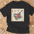 ギター奏でる猫 着物姿 ヴィンテージ 日本美術 面白い Tシャツ 高齢者への贈り物