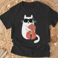 ネコとコントラバス 猫とサングラス ネコ好き 猫飼い コントラバス ウッドベース ダブルベース ジャズ音楽 ネコ 猫 Tシャツ 高齢者への贈り物