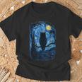 星月フクロウの夜のアートワーク Tシャツ 高齢者への贈り物