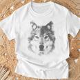 オオカミの顔 青い目 美的スマッジアートスタイル 野生動物 Tシャツ 高齢者への贈り物