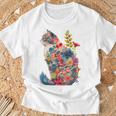 カラフル 花 猫 Tシャツ 高齢者への贈り物