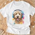 ゴールデンドゥードル、ヘッドフォン、犬、動物プリント Tシャツ 高齢者への贈り物