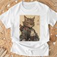 ヴィンテージ 日本の風景 侍 猫 漢字 Art Back Tシャツ 高齢者への贈り物