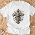 十字架 スピリチュアル キリスト 花 イエス 信仰 十字架 十字架 長袖tシャツ Tシャツ 高齢者への贈り物