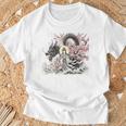 日本 浮世絵 観音菩薩 竜 桜 波 バックプリント Tシャツ 高齢者への贈り物