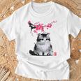 日本の墨絵マンチキン猫 桜 桜アート Tシャツ 高齢者への贈り物