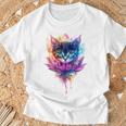 猫 花 カラフル かわいい アート 動物好き グラフィック 猫 Tシャツ 高齢者への贈り物