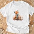 笑顔 水彩 キツネ 森林 動物 Tシャツ 高齢者への贈り物