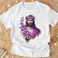 紫の蘭を持つイエス Tシャツ 高齢者への贈り物